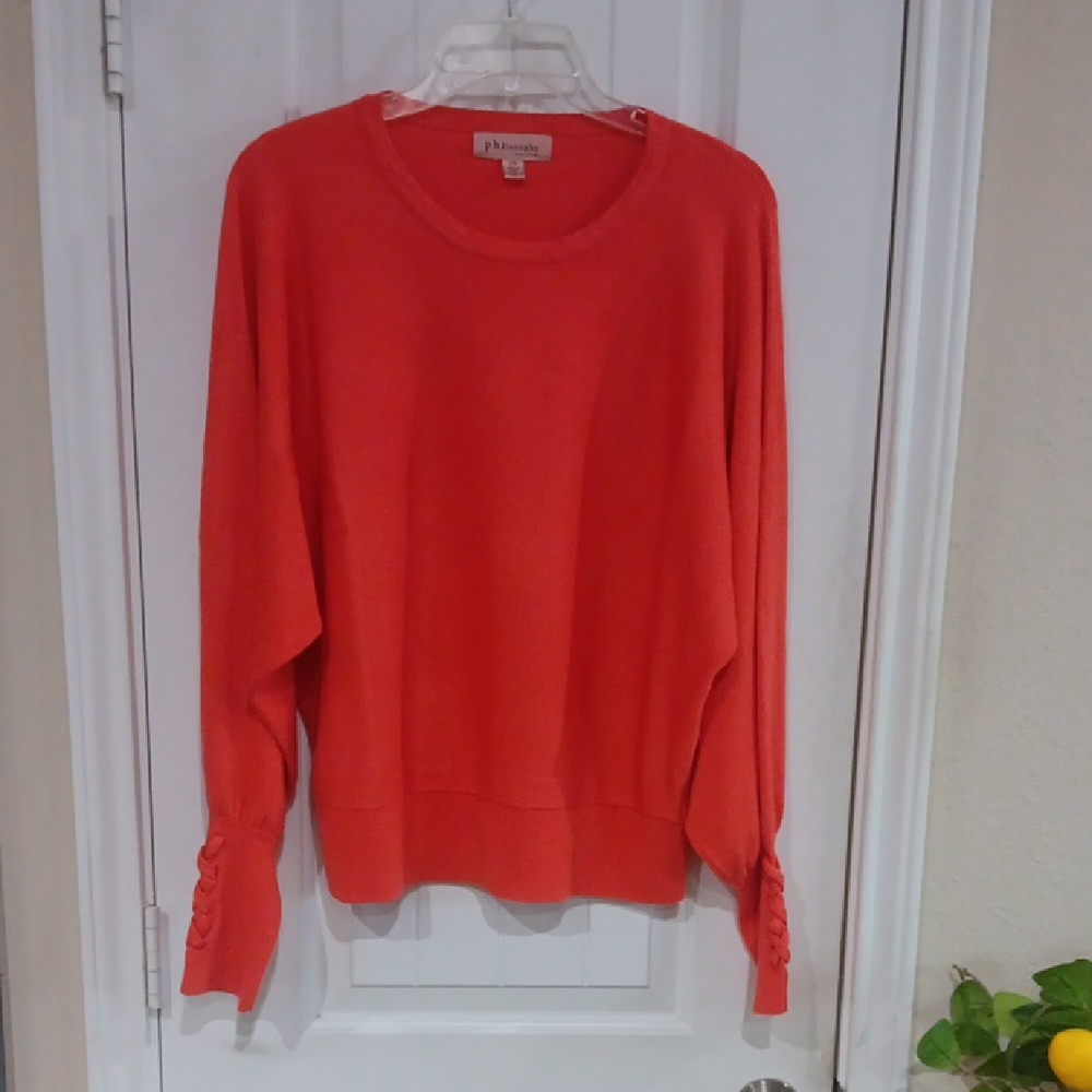 Philosophy Bright Orange Crew Neck Sweater w Dolman Sleeve & Laced Long Cuff